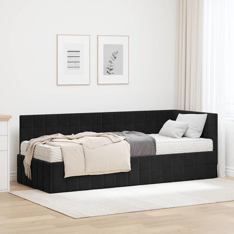 Cadru de pat colțar cu saltea cu headboard 2 buc. Negru Catifea