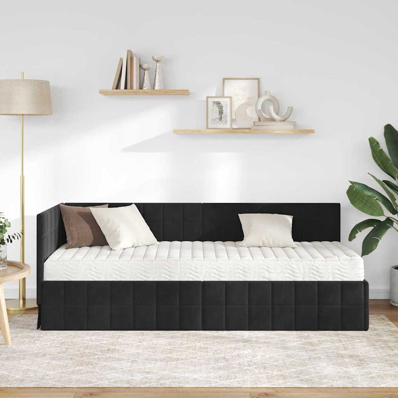 Cadru de pat colțar cu saltea cu headboard 2 buc. Negru Catifea