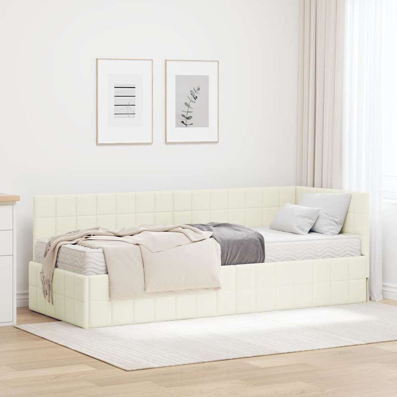 Cadru de pat colțar cu saltea cu headboard 2 buc. Crem Catifea