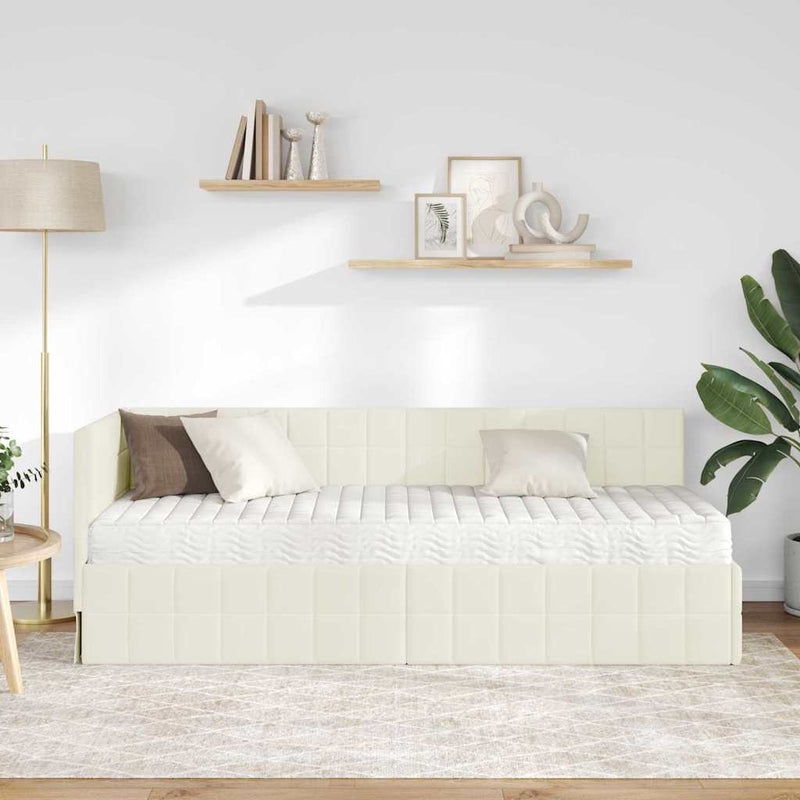 Cadru de pat colțar cu saltea cu headboard 2 buc. Crem Catifea