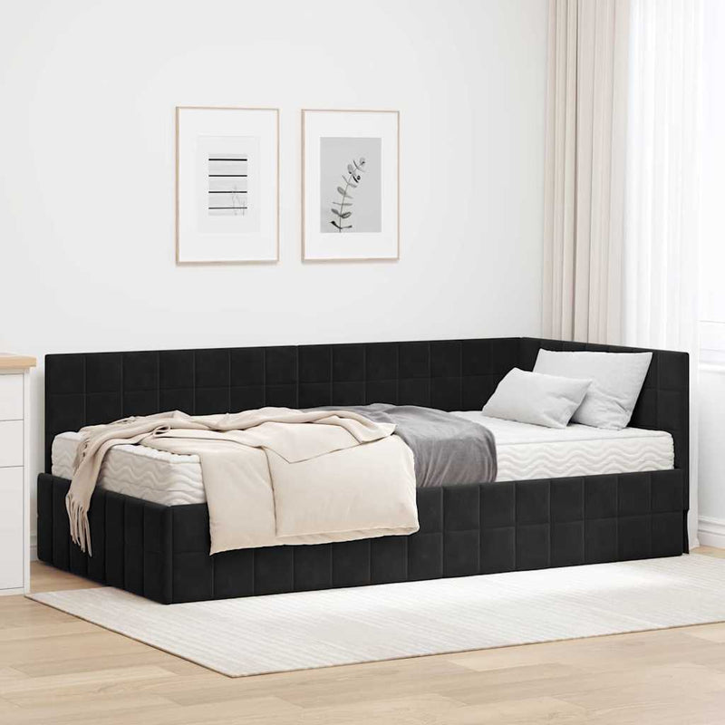 Cadru de pat colțar cu saltea cu headboard 2 buc. Negru Catifea