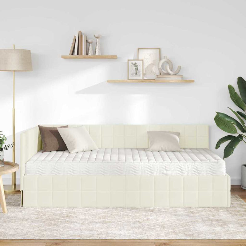Cadru de pat colțar cu saltea cu headboard 2 buc. Crem Catifea