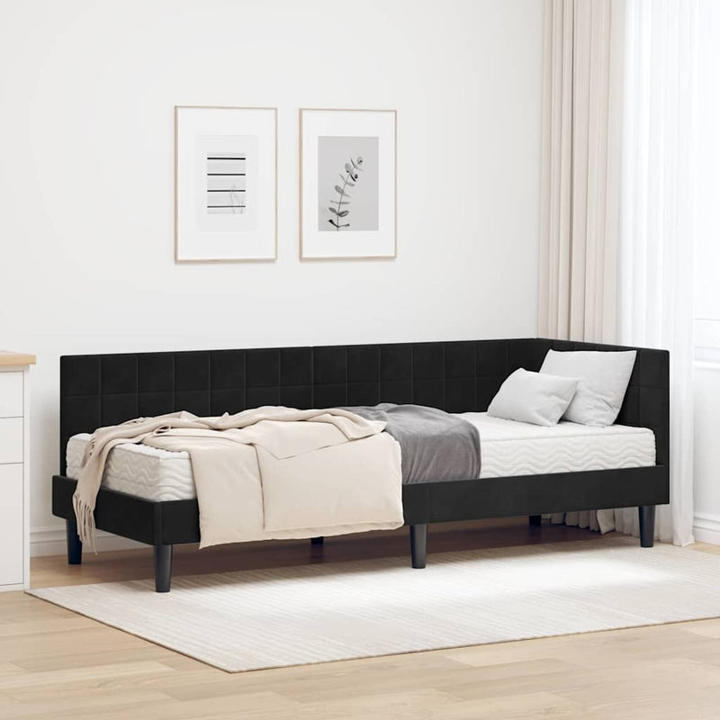 Cadru de pat colțar cu saltea cu headboard 2 buc. Negru Catifea