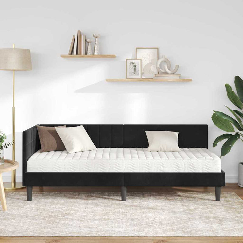 Cadru de pat colțar cu saltea cu headboard 2 buc. Negru Catifea