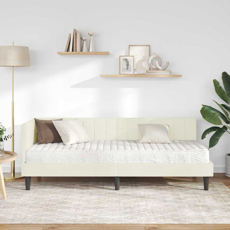 Cadru de pat colțar cu saltea cu headboard 2 buc. Crem Catifea