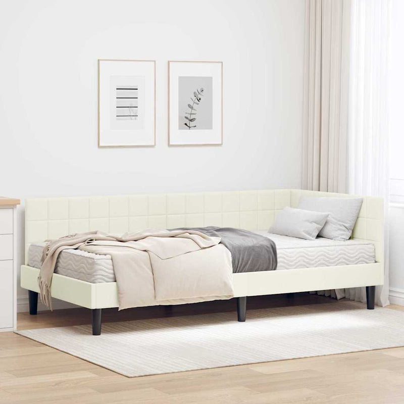 Cadru de pat colțar cu saltea cu headboard 2 buc. Crem Catifea