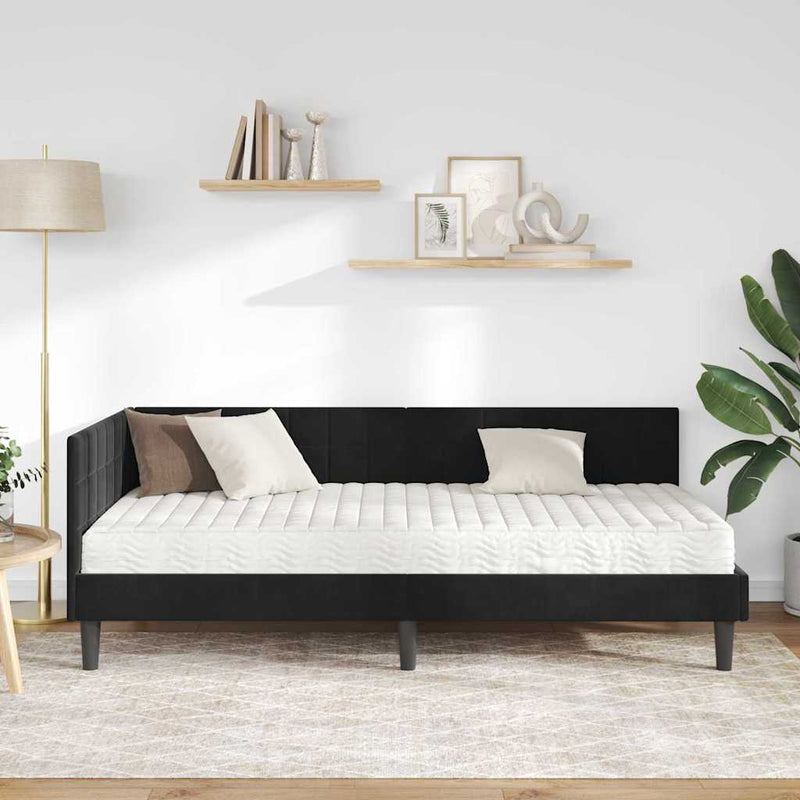 Cadru de pat colțar cu saltea cu headboard 2 buc. Negru Catifea