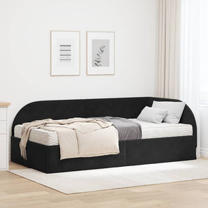 Cadru de pat colțar cu saltea cu headboard 2 buc. Negru Catifea