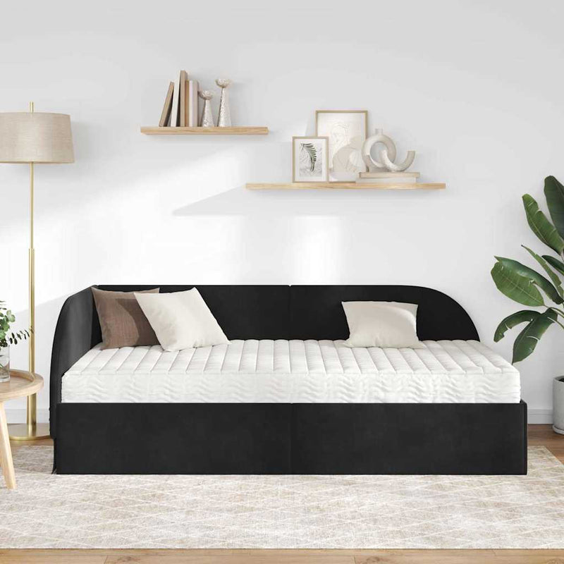 Cadru de pat colțar cu saltea cu headboard 2 buc. Negru Catifea