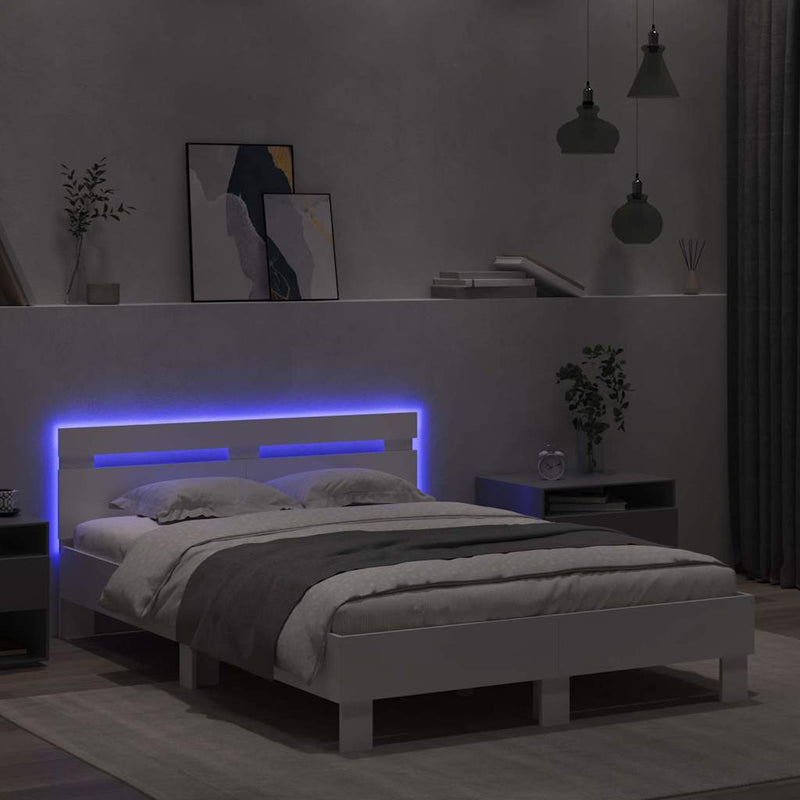 Cadru de pat cu benzi LED Alb 137 x 190 cm Lemn prelucrat