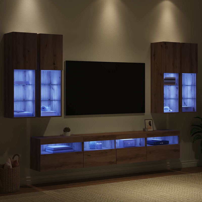 Set Dulap TV pe Perete cu Lămpi LED 7 buc. stejar artizanal