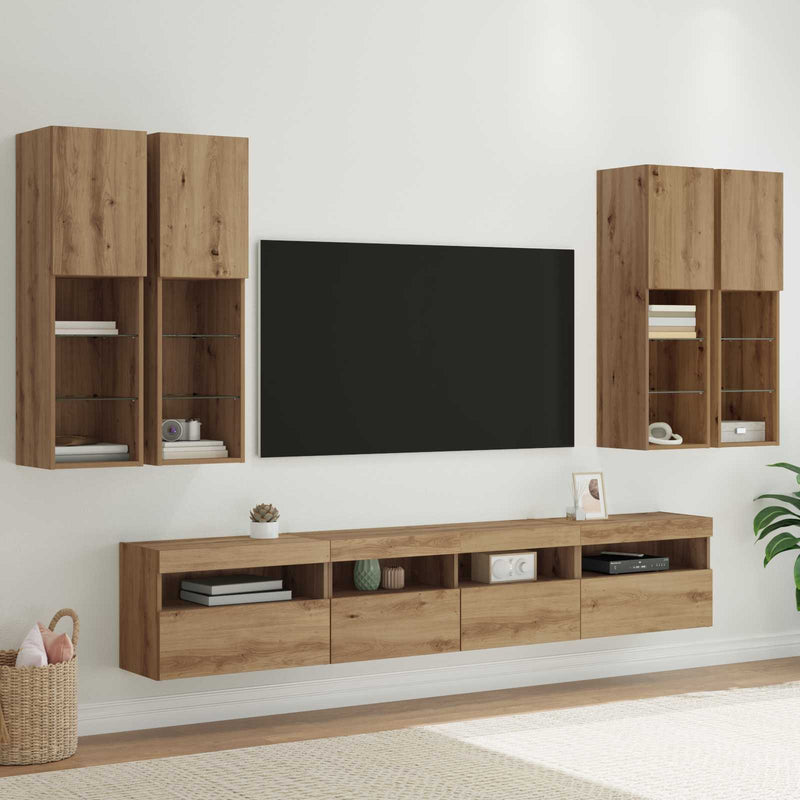 Set Dulap TV pe Perete cu Lămpi LED 7 buc. stejar artizanal