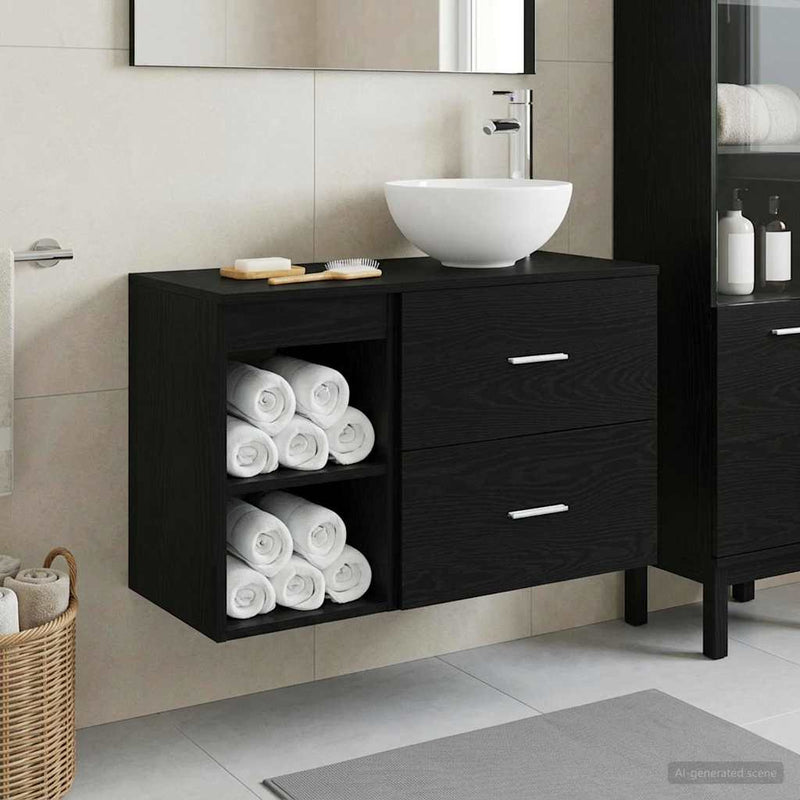 Set de mobilier pentru baie 2 buc. Stejar Negru Lemn prelucrat