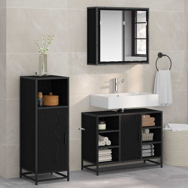 Set de mobilier pentru baie 3 buc. Stejar Negru 80 x 33 x 60 cm