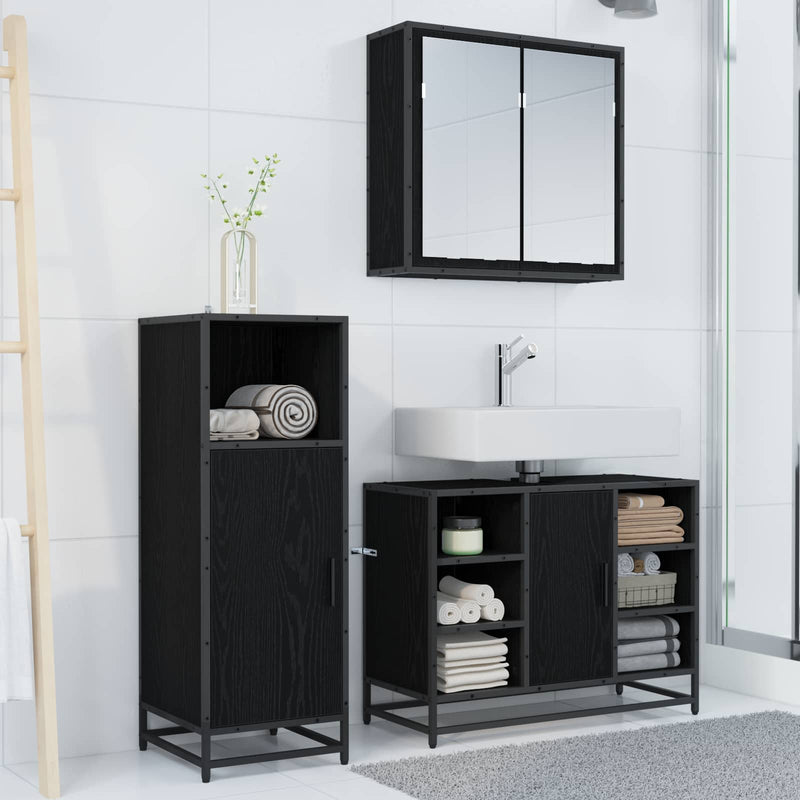 Set de mobilier pentru baie 3 buc. Stejar Negru 80 x 33 x 60 cm