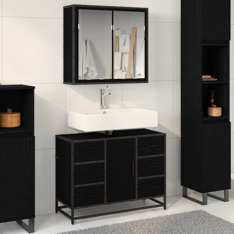 Set de mobilier pentru baie 2 buc. Stejar Negru 80 x 33 x 60 cm