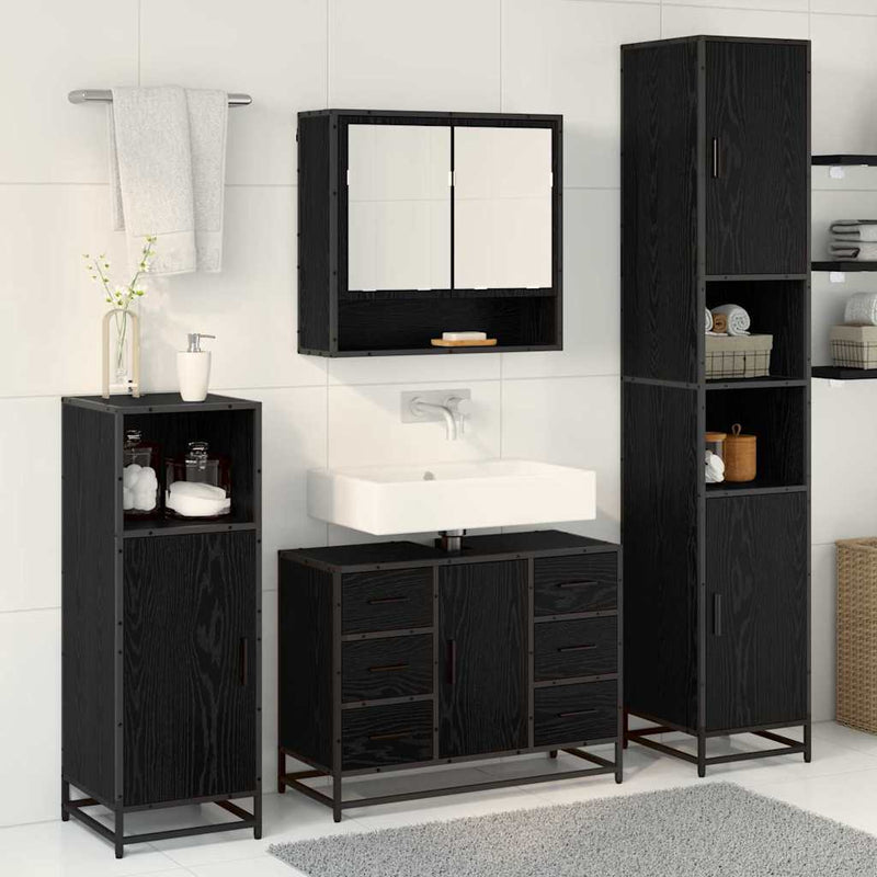Set de mobilier pentru baie 4 buc. Stejar Negru Lemn prelucrat