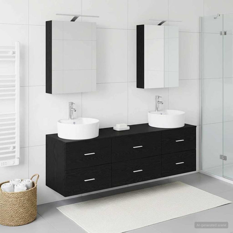 Set de mobilier pentru baie 5 buc. Stejar Negru