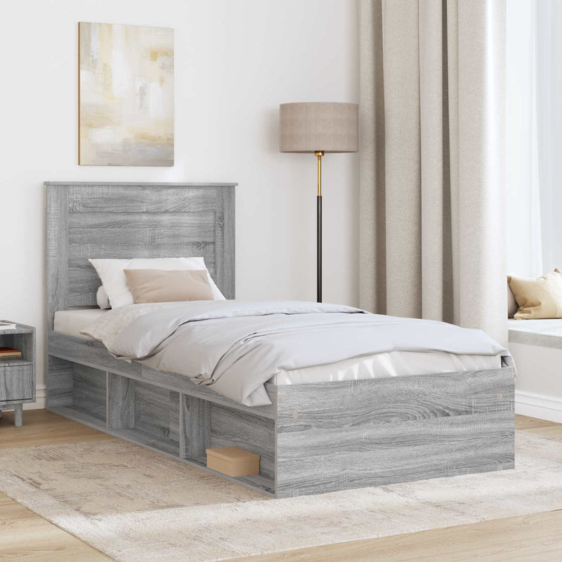 Cadru de pat cu sertar Gri Sonoma 75 x 190 cm Lemn de pin masiv