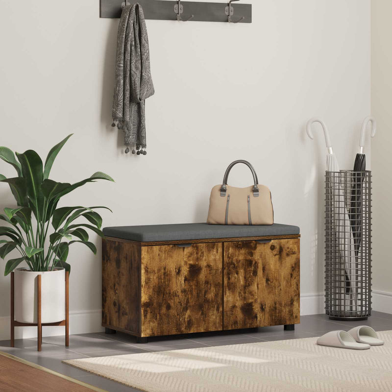 Bancă pentru hol cu pernă cu raft Stejar Afumat 80 x 38 x 46 cm