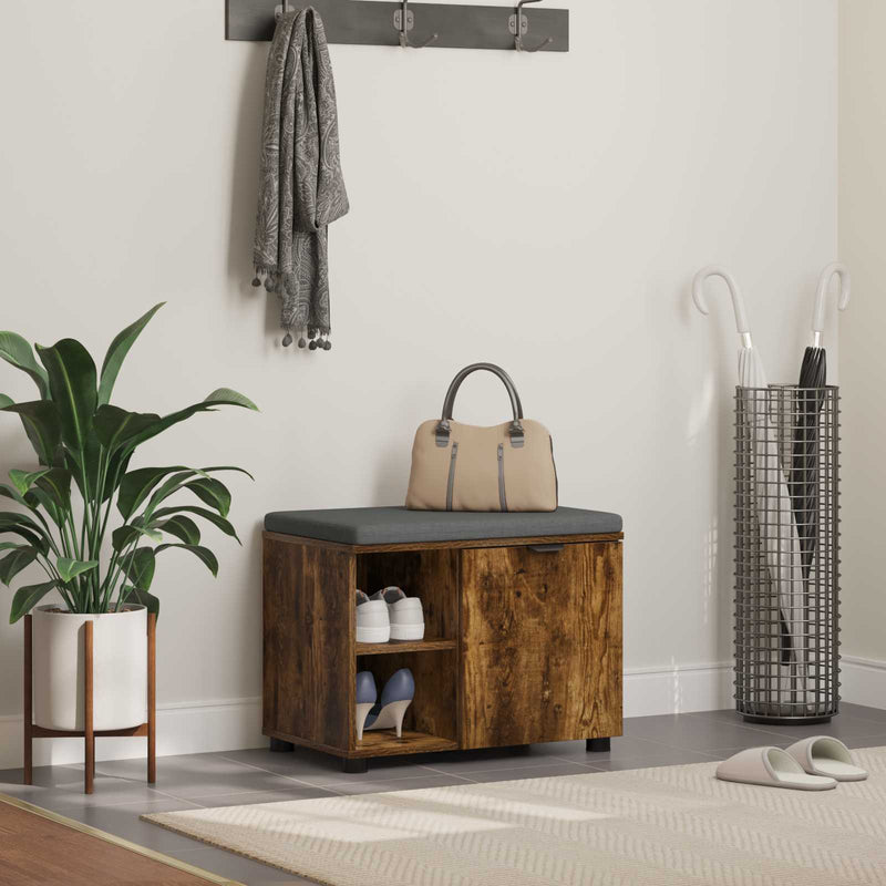 Bancă pentru hol cu pernă cu raft Stejar Afumat 60 x 38 x 46 cm