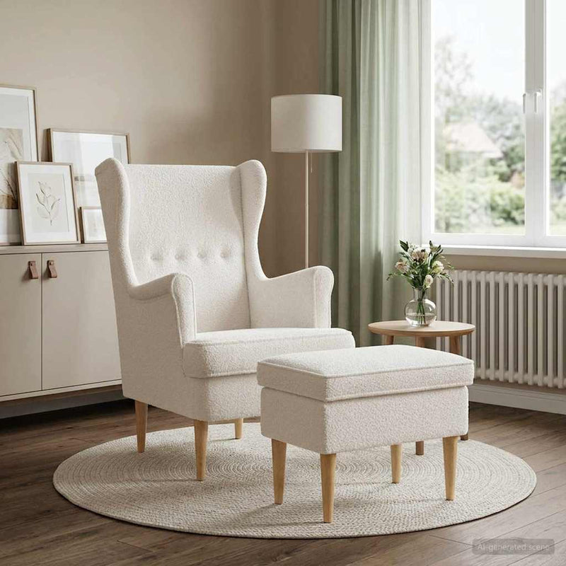 Fotoliu cu taburet 2 buc. Crem Bouclé