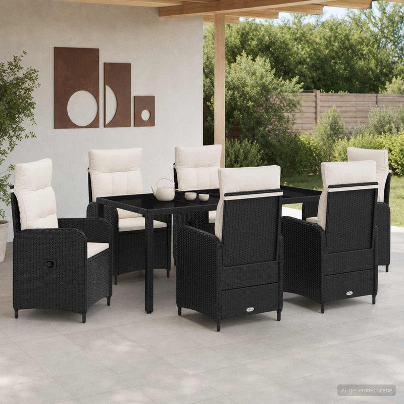 Set dining pentru exterior 7 buc. Negru și Alb crem poliratan