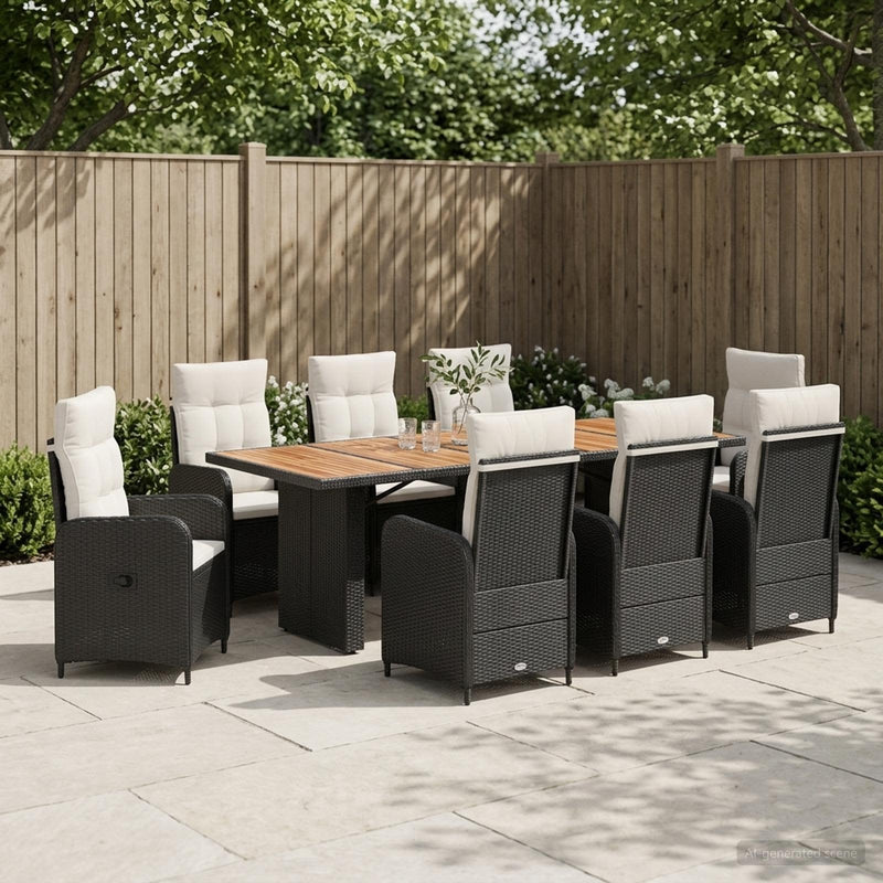 Set dining pentru exterior 9 buc. Negru și Alb crem poliratan