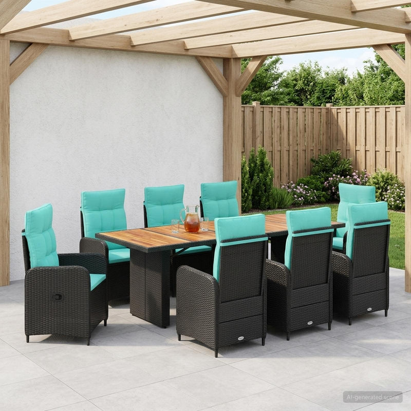 Set dining pentru exterior 9 buc. Negru și Turcoaz poliratan
