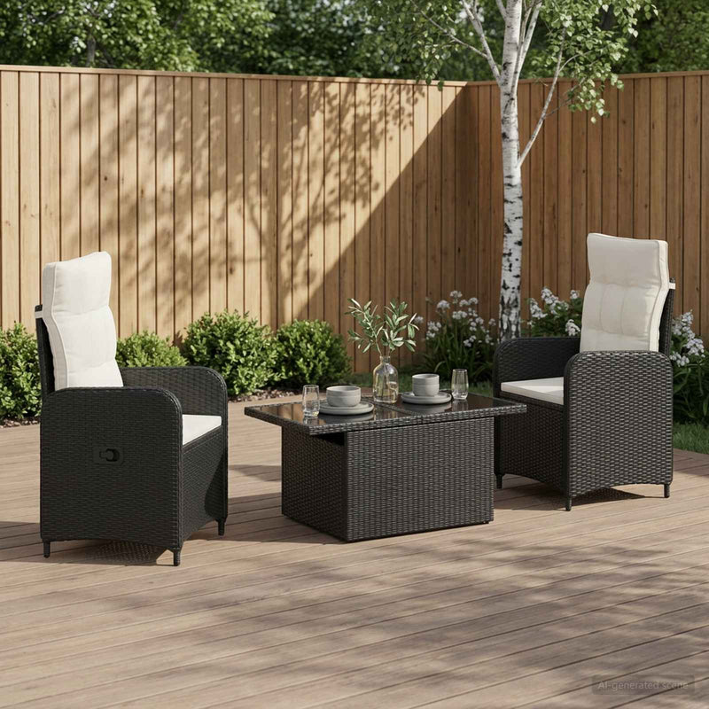 Set dining pentru exterior 3 buc. Negru și Alb crem poliratan
