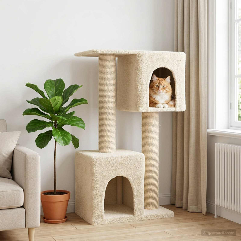 Copac pentru pisici cu stâlpi de zgâriere din sisal Crem 114 cm
