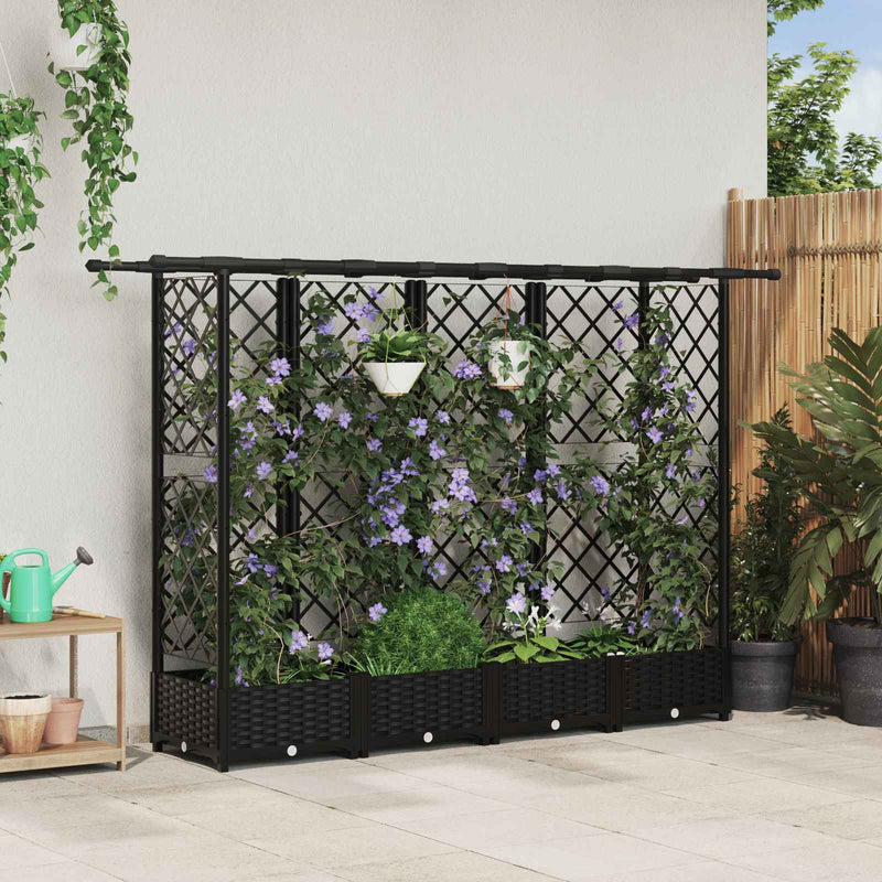 Pat Ridicat cu Trellis și Acoperiș Negru 202,5 x 40 x 121 cm PP