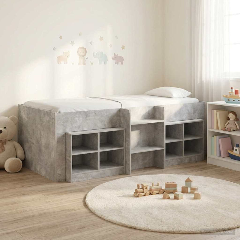 Cadru de pat loft cu sertar 3 buc. Gri Beton Lemn prelucrat