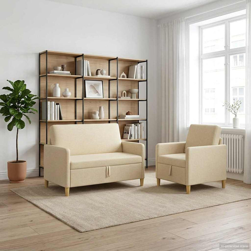 Set de canapea cu spațiu de depozitare 2 buc. Crem Poliester