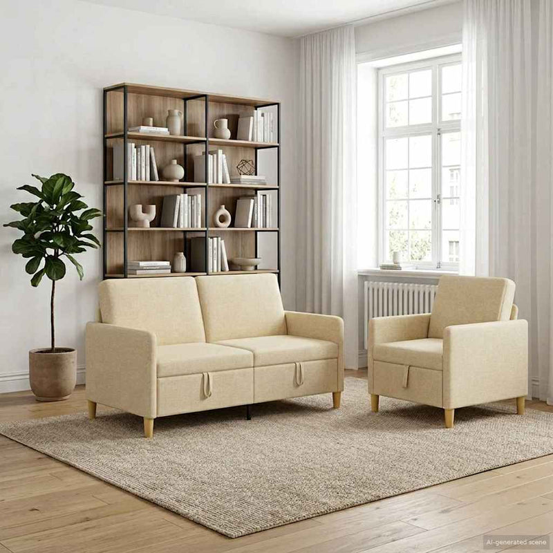 Set de canapea cu spațiu de depozitare 2 buc. Crem Poliester