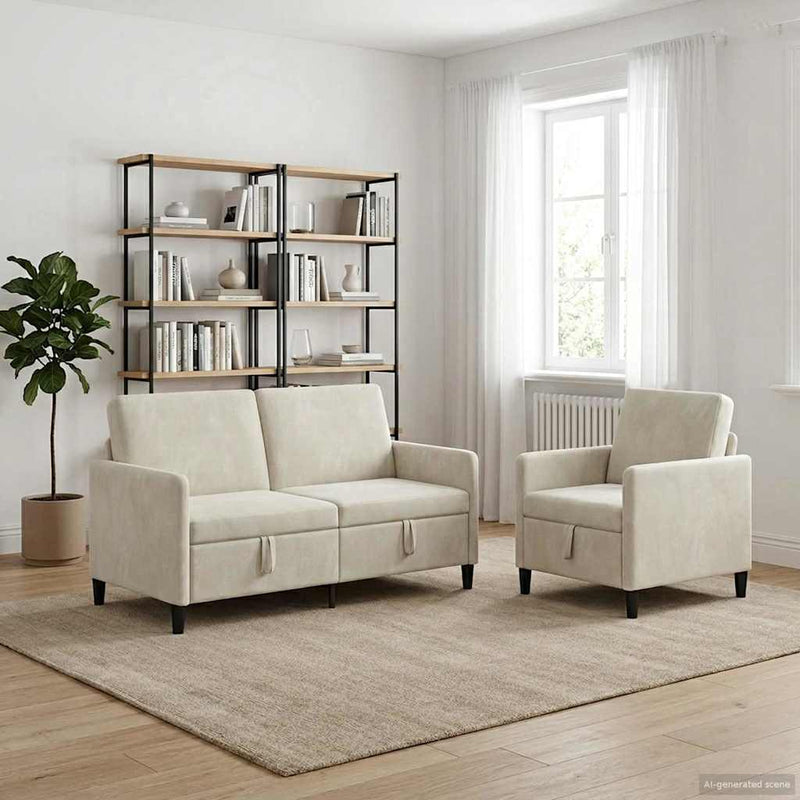 Set de canapea cu spațiu de depozitare 2 buc. Crem Poliester