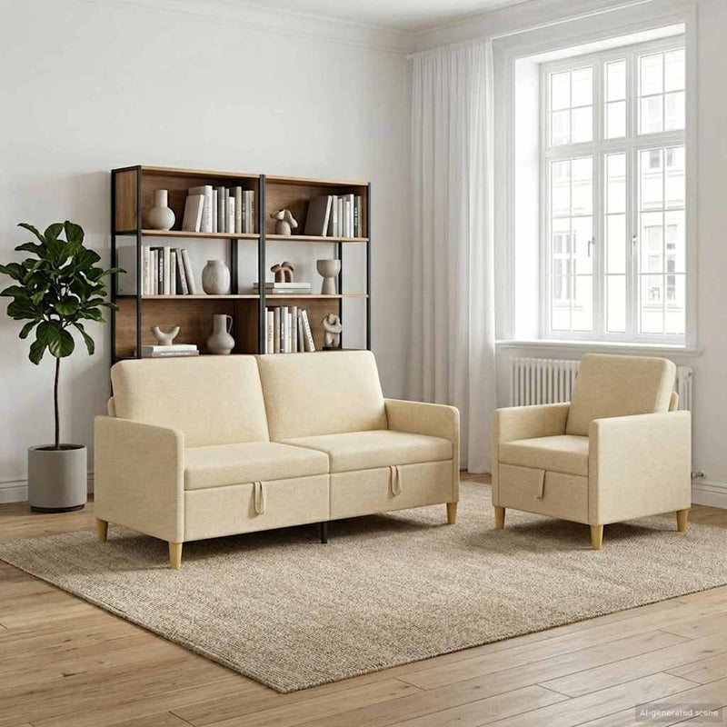 Set de canapea cu spațiu de depozitare 2 buc. Crem Poliester