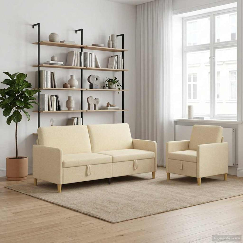 Set de canapea cu spațiu de depozitare 2 buc. Crem Poliester
