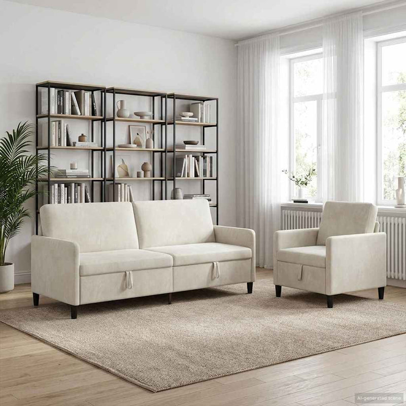 Set de canapea cu spațiu de depozitare 2 buc. Crem Poliester