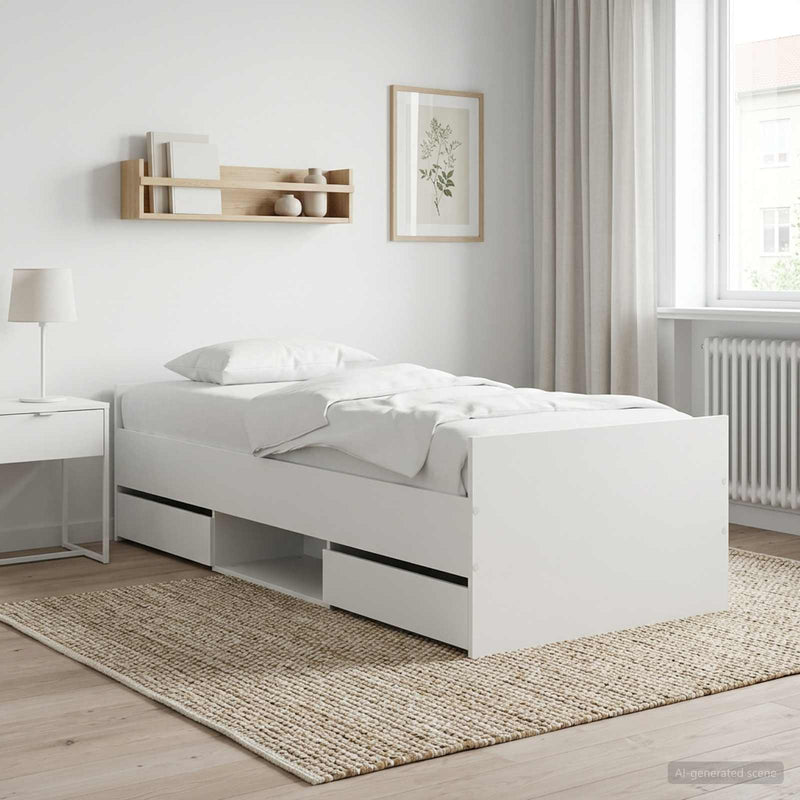 Cadru de pat cu sertar cu headboard Alb Lemn prelucrat