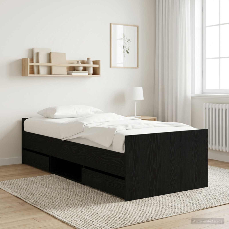 Cadru de pat cu sertar cu headboard Stejar Negru Lemn prelucrat