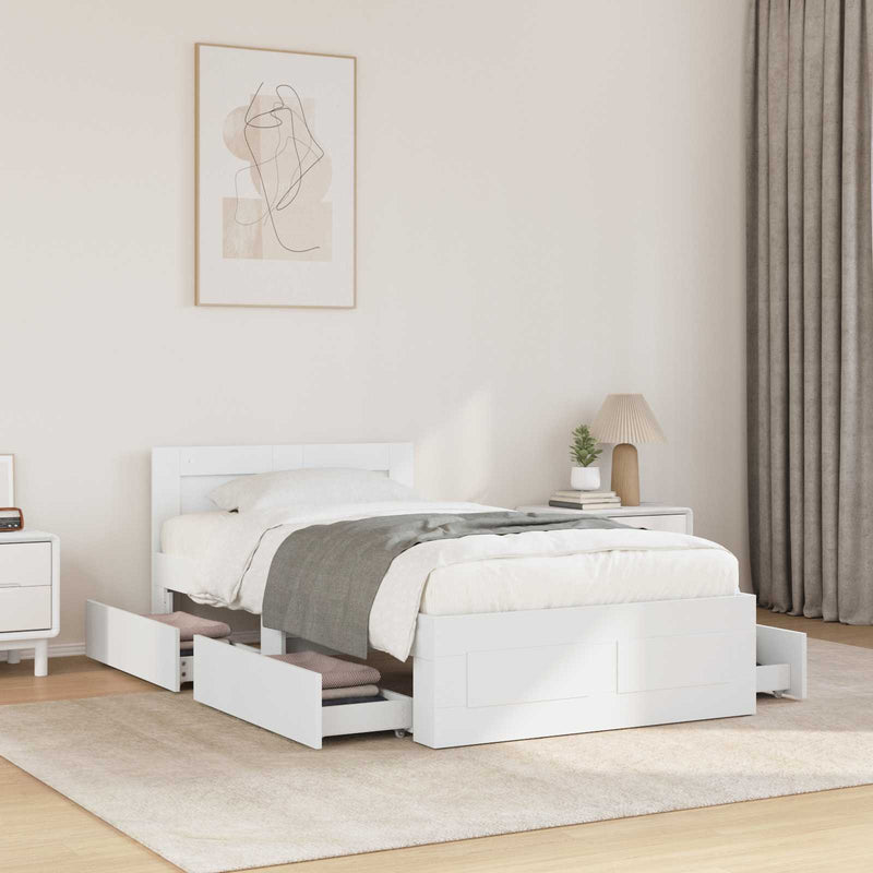 Cadru de pat cu sertar cu headboard 2 buc. Alb Lemn prelucrat