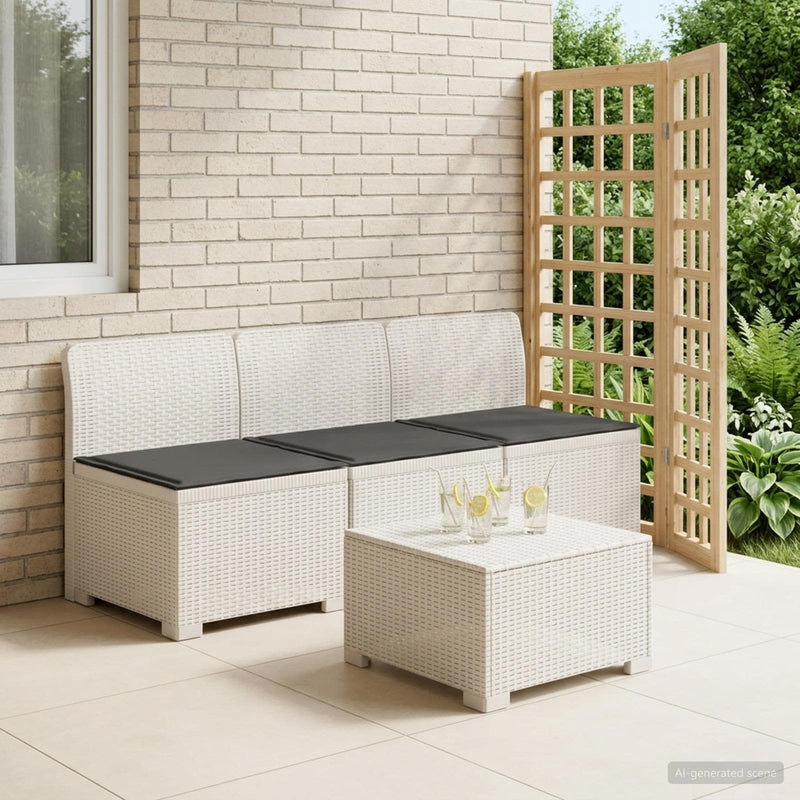 Sofa de grădină cu 3 locuri, cu perne, aspect de rattan PP Alb