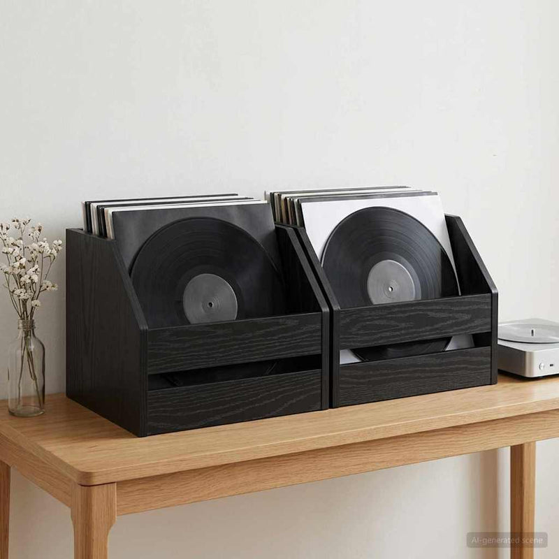 Cutie pentru albume de vinil 2 buc. Stejar Negru Lemn prelucrat