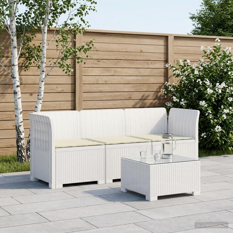 Sofa de grădină cu 3 locuri, cu perne, aspect de rattan PP Alb