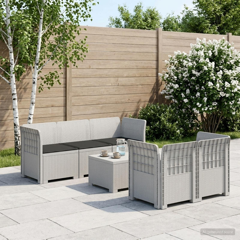 Sofa de grădină cu 5 locuri cu perne aspect rattan PP Alb