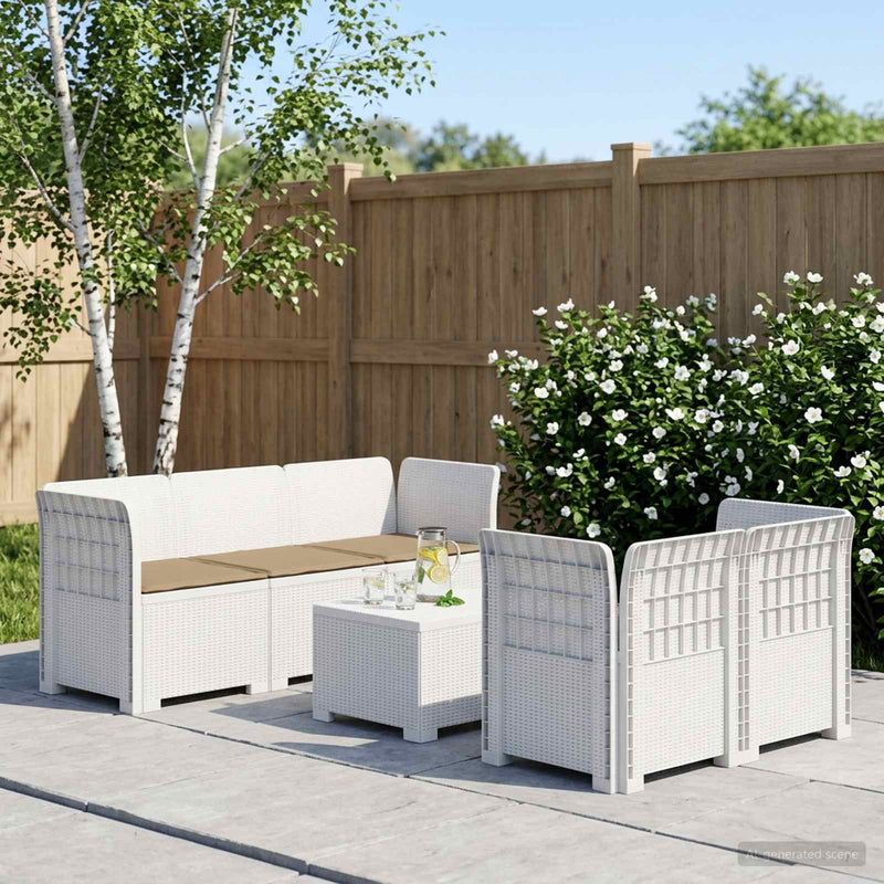 Sofa de grădină cu 5 locuri cu perne aspect rattan PP Alb