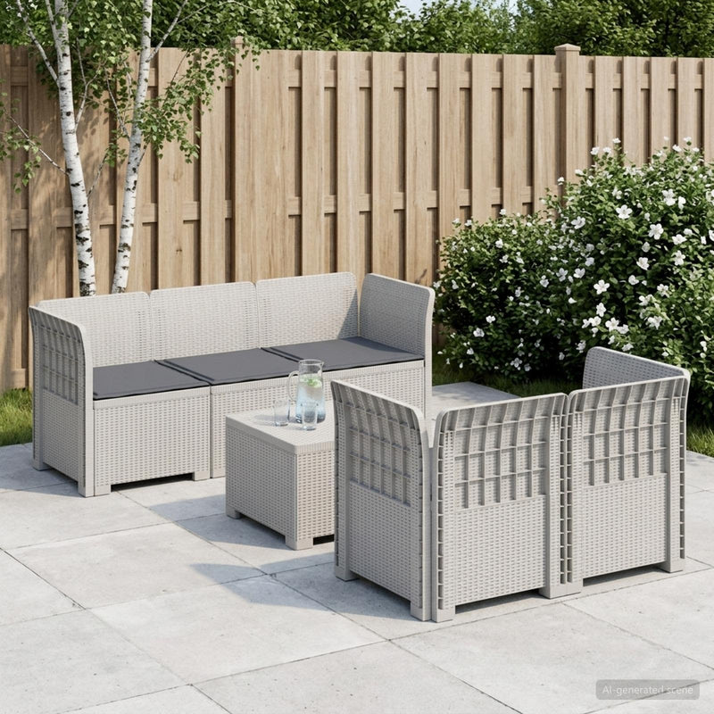 Sofa de grădină cu 5 locuri cu perne aspect rattan PP Alb
