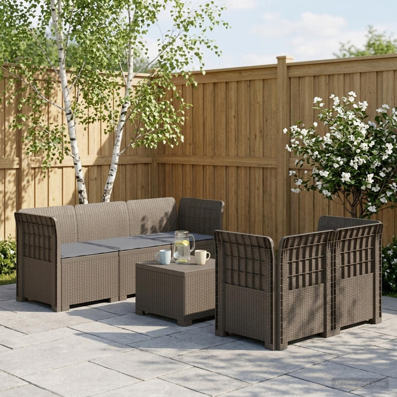 Sofa de grădină cu 5 locuri cu perne aspect rattan PP