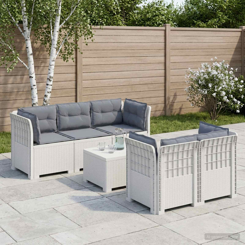 Sofa de grădină cu 5 locuri cu perne aspect rattan PP Alb